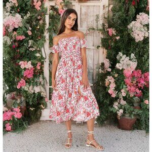 Lulus View The Meadow Cream Midi Dress Floral Print Off Shoulder Open Slits Med